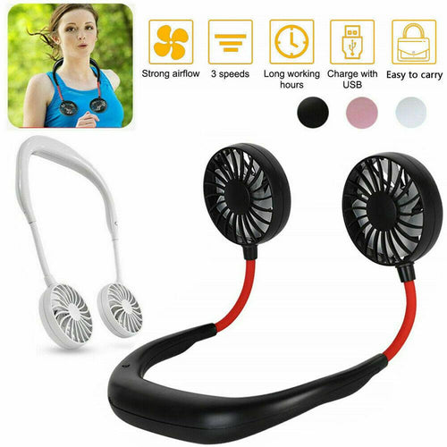 Portable USB Rechargeable Neckband Dual Cooling Mini Fan Lazy Neck Hanging CHIC！